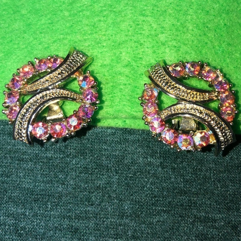 Vintage Pink Aurora Crystal Circle Ribbon Earrings Gold Tone